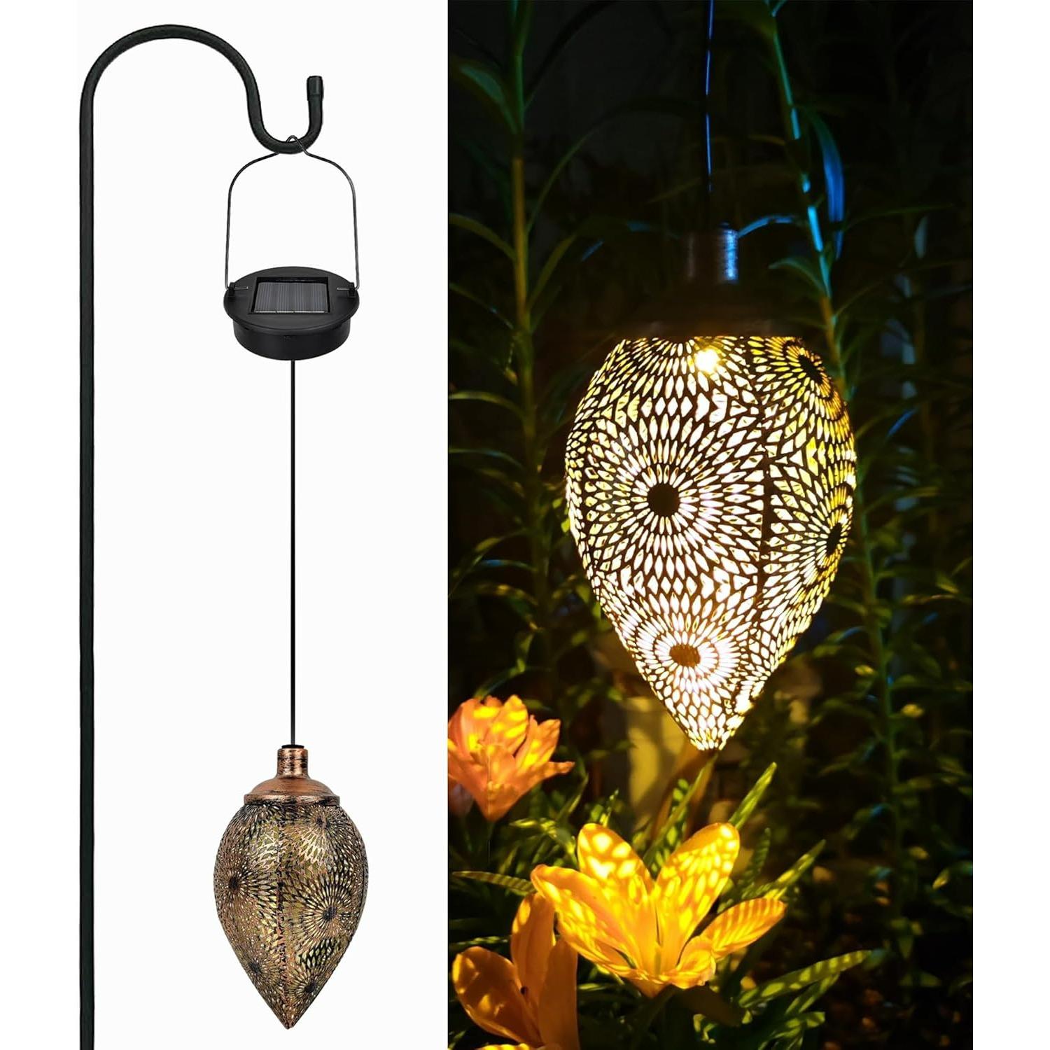 Hanging Solar Lights Outdoor Waterproof with Shepherd Hook Garden Decor Chandelier Birthday Gifts for Women Mom Family Hanging Solar Lanterns W