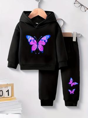 Spring/Autumn Style Baby Girl Butterfly Print Hooded Sweatshirt and Sweatpants Casual 2pcs Set, Specially Developed, Perfect for Outdoor