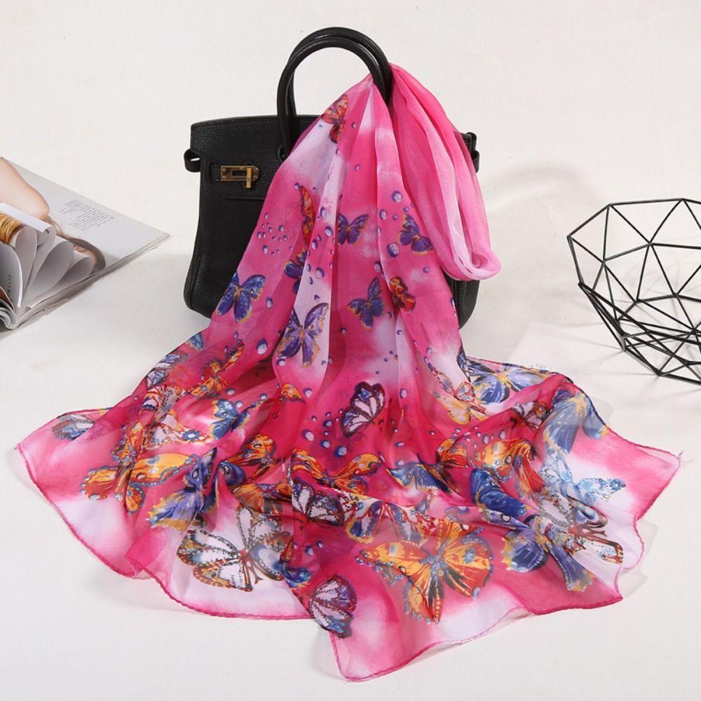 Sunscreen Long Wrap Shawl Butterfly Print Beach Gauze Scarf Elegant Shawl Silk  for Women