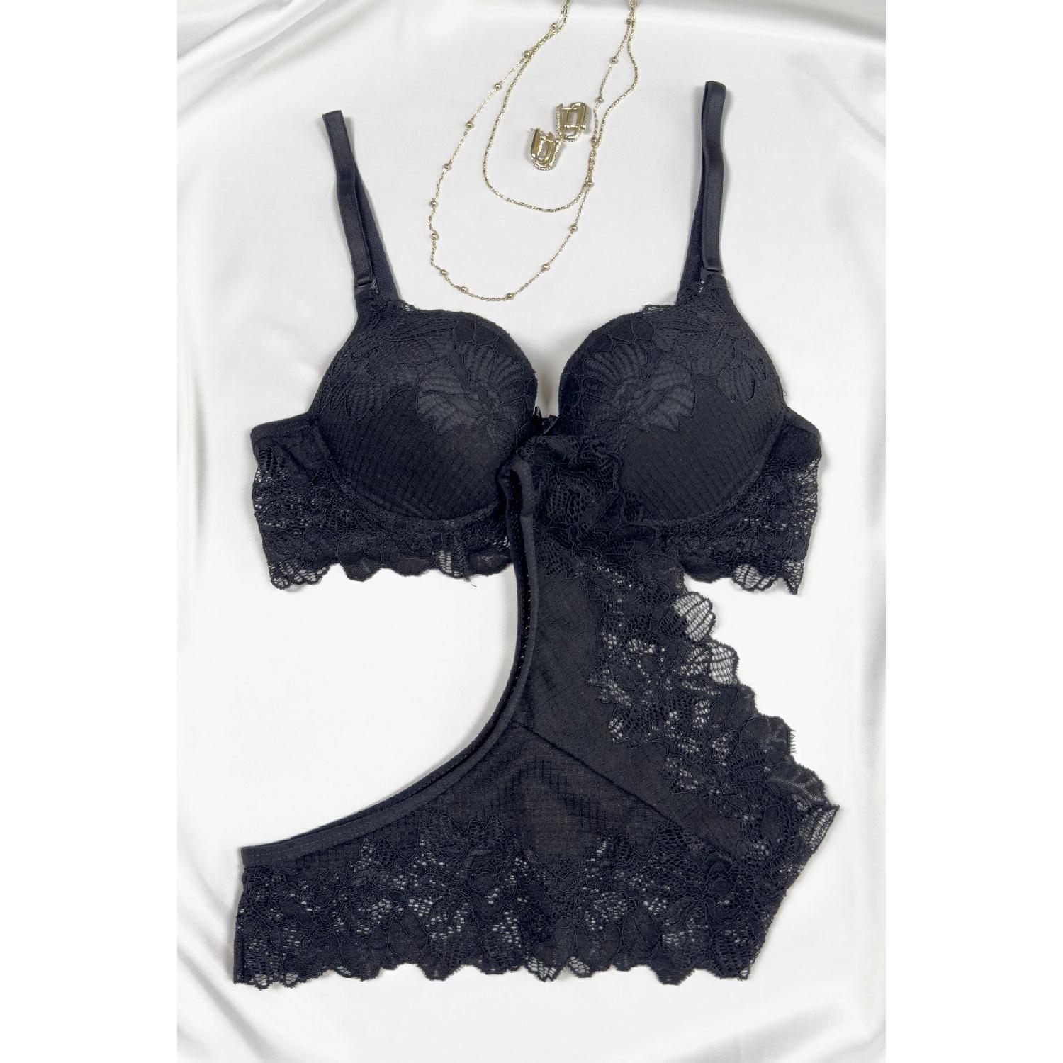 

Black Lace Balenli Supported Underwear Bra Set 75B чорний