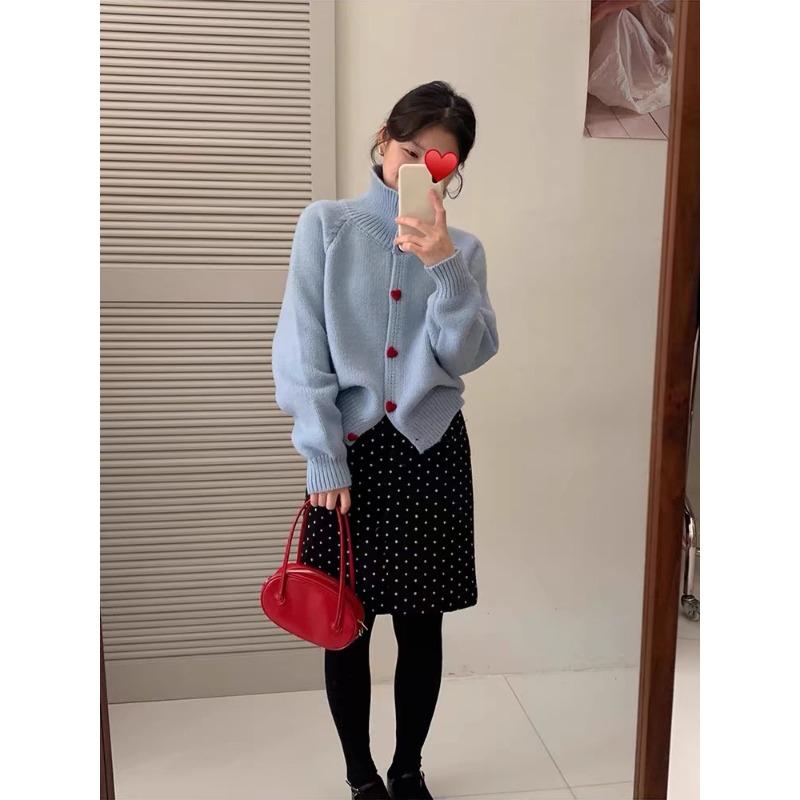 Spring new love buckle design sense knitted cardigan loose soft waxy temperament sweater jacket women