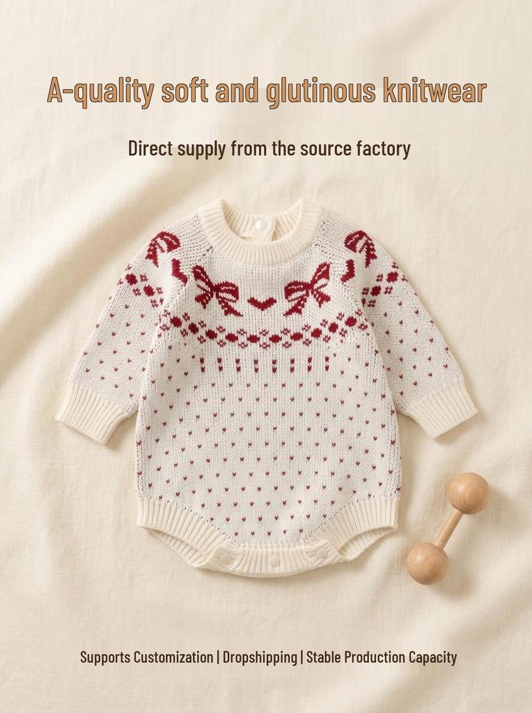 2026 Girls' 100% Cotton Knit Bodysuit - Autumn/Winter Romper Sweater for Photos and Outings