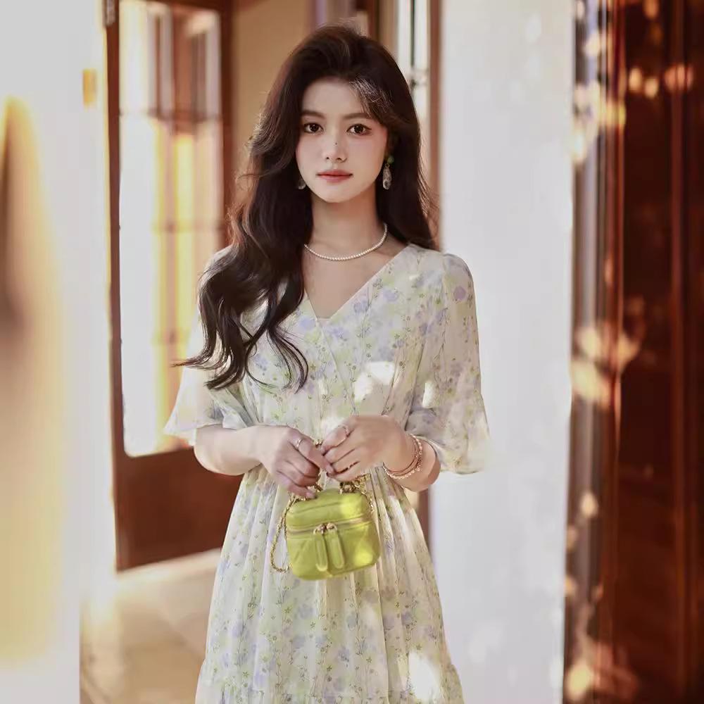 Women's Floral Chiffon Midi Dress - 2024 French Summer Slim Fit