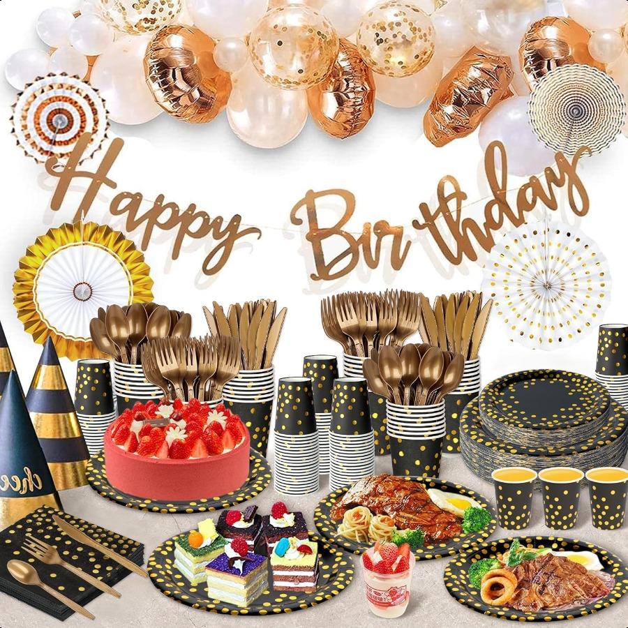 176 Pieces Black Gold Party Dinnerware Set Black Golden Dot Disposable Party Dinnerware Plate 7" 9"Napkins Cups Paper Gold Plas