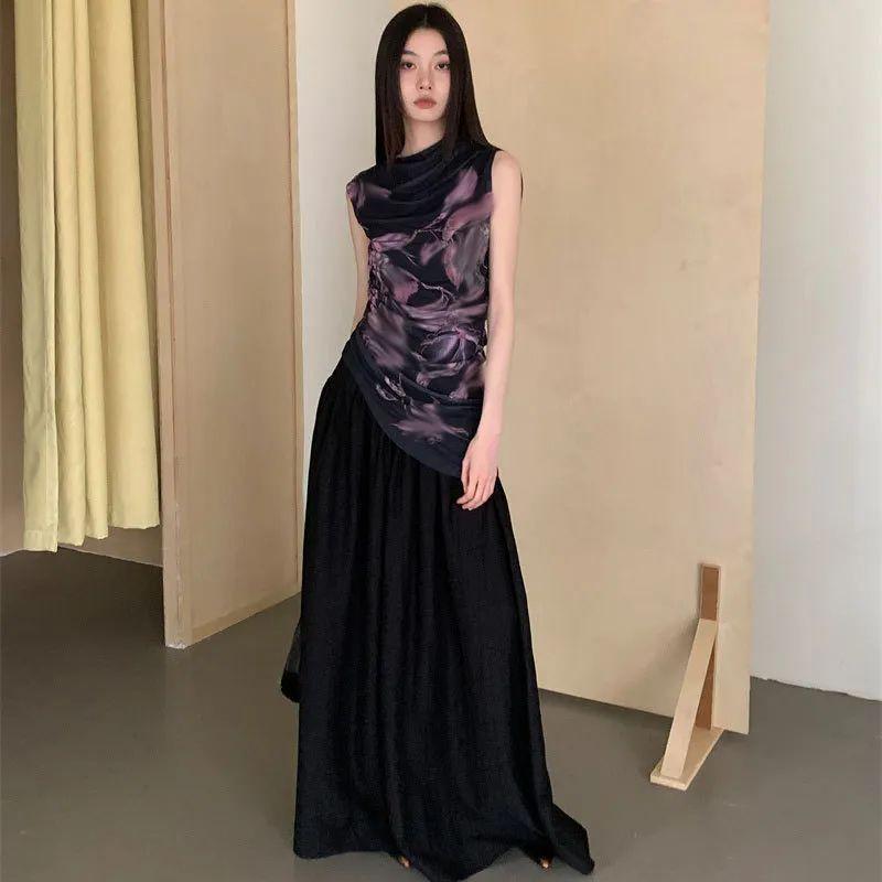 

One-piece Dress set Women Design Sense Mesh Floral Print Sleeveless Pleat Vest Top + Long Skirt Two-piece Set Vest L