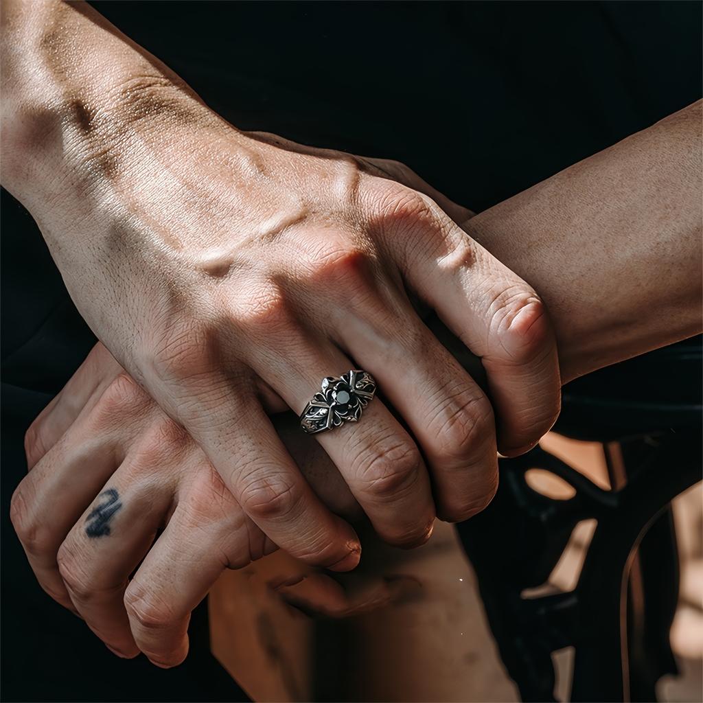 Retro Black Zircon Adjustable Open Ring for Men Silver-plated Copper Gothic Punk Edgy Jewelry Accessories Cool Gift