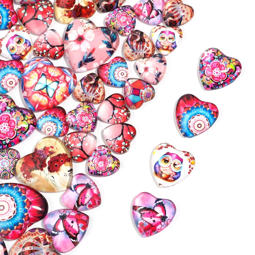 10pcs/lot Red Flower Animal Pattern Glass Cabochon Heart Shape Cabochon For DIY Jewelry Making Bracelets Pendant Ring Supplies