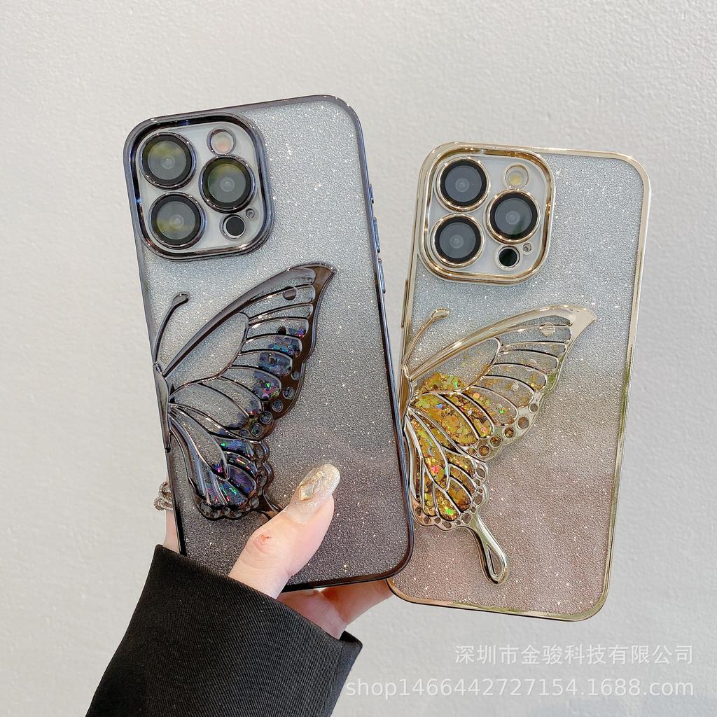 3D Flowing Sand Butterfly Apple 15 Phone Case 14 Pro with Lens Protector Compatible with iPhone 16 Electroplated TPU Soft Case