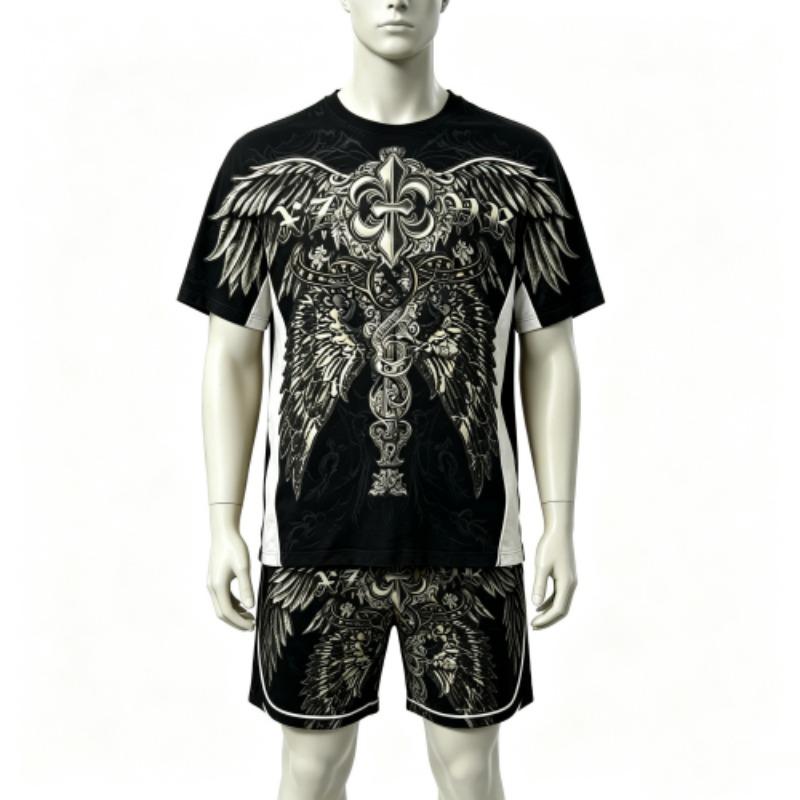 Fashion Summer Casual Retro Angel Wing Printed Round Neck Short Sleeved T-Shirt And Shorts Set Men's and Women's T-shirt Shorts Set