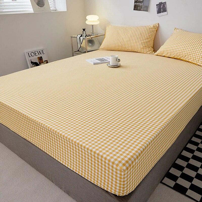 Cotton Fitted Sheet Soild Color with Elastic Band Non Slip Adjustable Mattress Cover Soft Comfortable for Double King Queen Size
