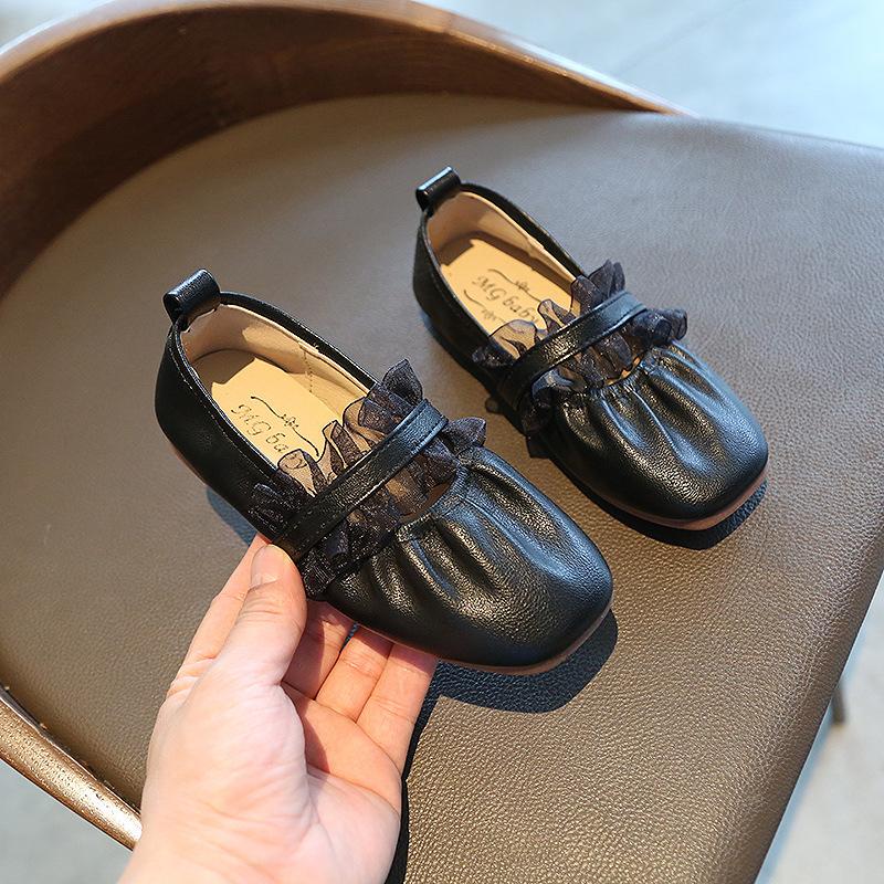 Black Leather Shoes Girls Party Dress Shoes Lace Princess Sweet Children's Loafers Kids Flats 2024 Spring Autumn Brand New Soft