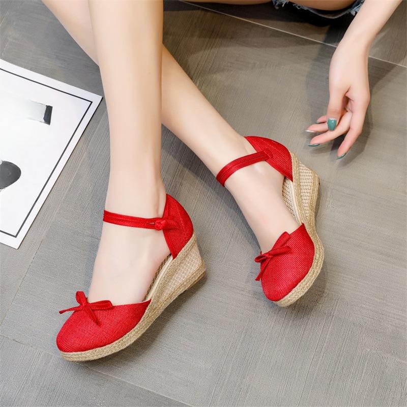 Women High Heel Wedge Sandals Breathable Slip-On Outdoor Linen Leisure Casual Summer Footwear