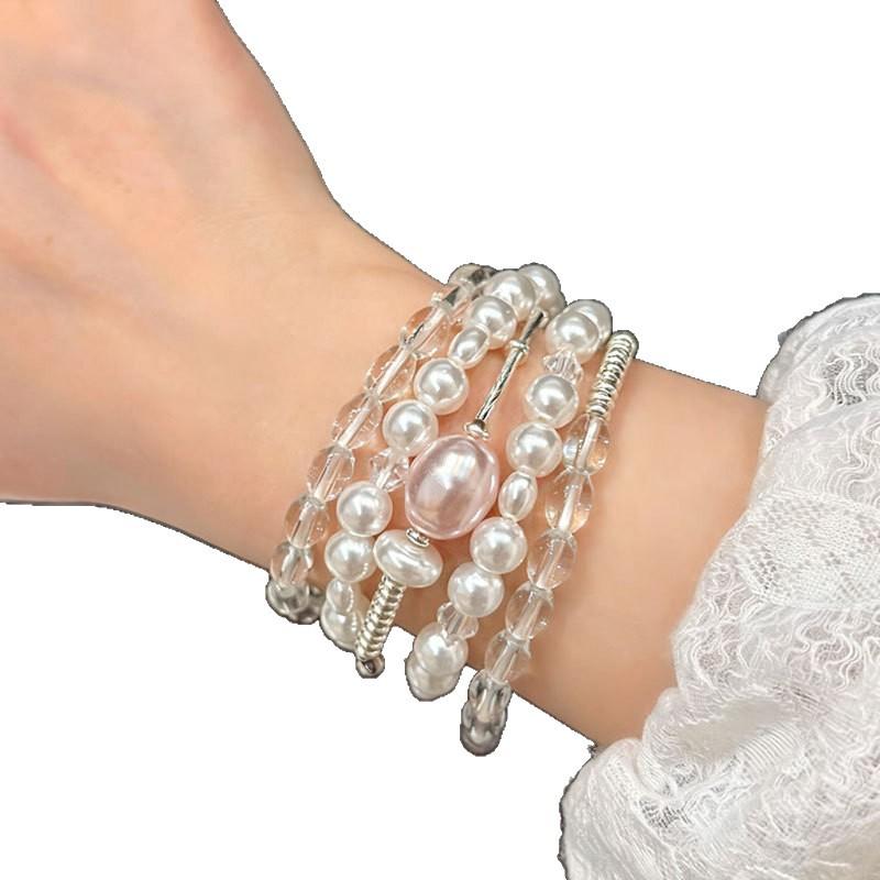Cool mist powder pearl broken silver stacked bracelet light luxury high sense fashion exquisite versatile three-circle bracelet