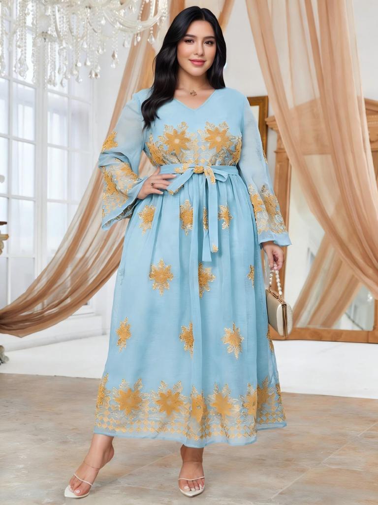 Middle East Plus Size Women's Sky Blue V-Neck Dress with Gold Trim