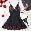 New Transparent Sexy Red Lips Love Print Lace Women's Strap Dress Deep V Bow Corset Sleeping Skirt Set Erotic Babydolls Lingerie