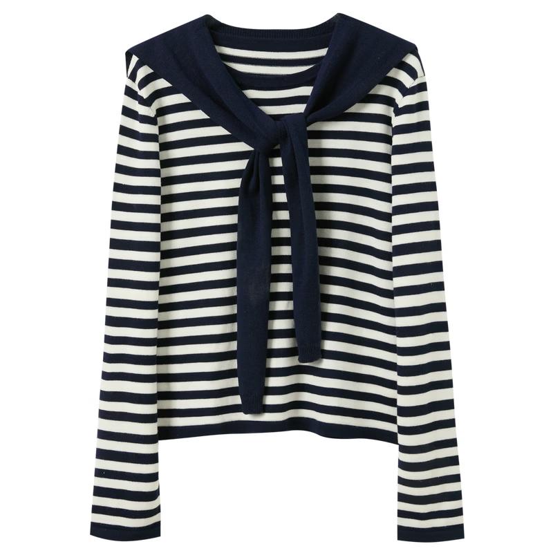 Женский полосатый круглый вырез пуловер Sancai XL