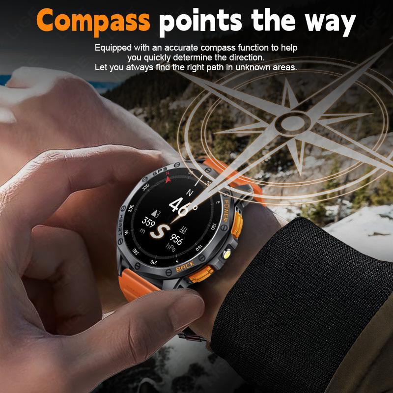 Outdoor GPS Smartwatch Herren Taschenlampe 1,43'' AMOLED Bildschirm Sportuhr 530mAh Großer Akku Kompass Höhenmesser Smartwatch