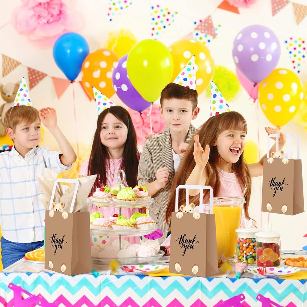 Eersida 16 Pcs Teddy Bear Thank You Gift Bags with Tissue Handles Baby Shower Bear Birthday Decorations Thank You Paper Bags Brown Candy Treat