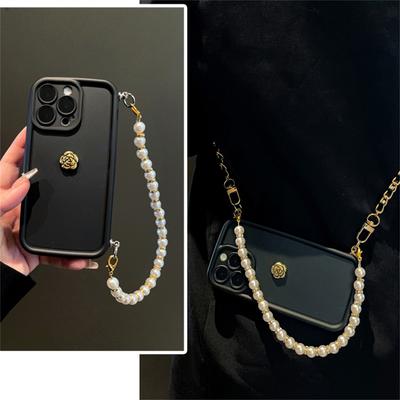 3D Camellia Pearl Chain Crossbody Lanyard Soft Case For iPhone 15 14 Pro Max 12 13 11 XS XR 7 8 Plus Shockproof Back Cover