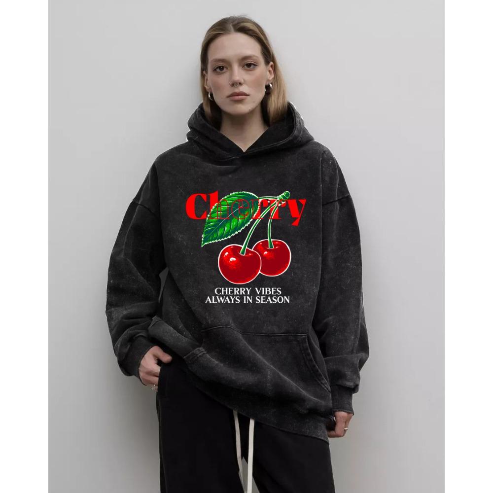 Frische Kirschen Früchte Prints Damen Gewaschener Hoodie Hip Hop Distressed Kapuzenpullover All-Match Baumwoll-Hoodie Übergroße Oberteile