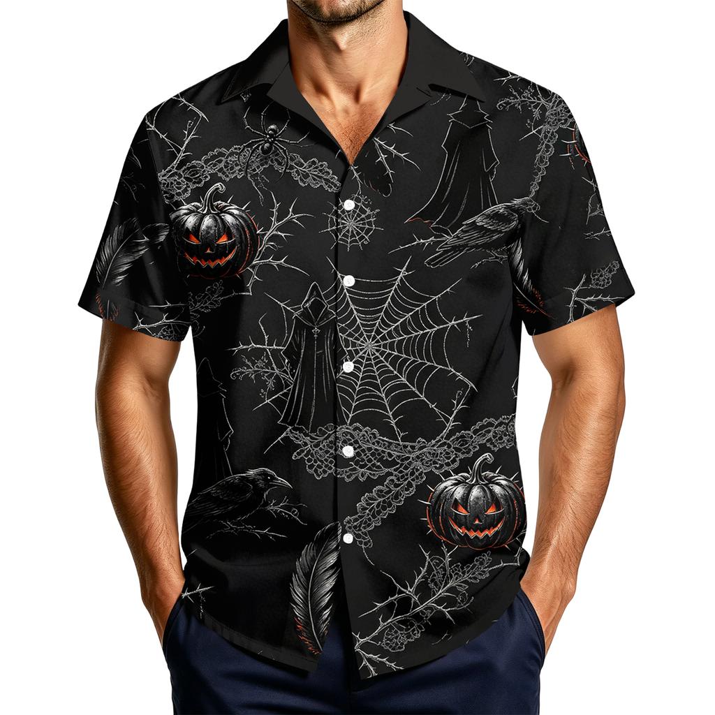 Men's Casual Short Sleeve Halloween Print Button Down Shirt