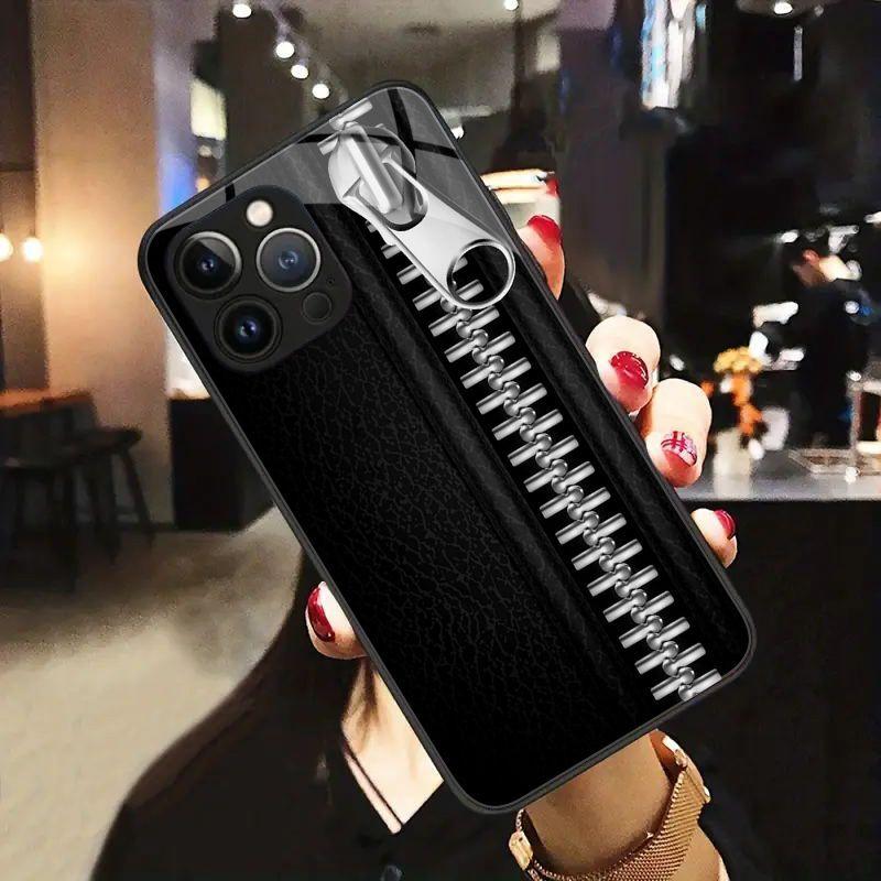 Cool Zipper Print Black Leather Texture Phone Case for iPhone 17 16 16ProMax 15 14 13 12ProMax 11 11Pro Anti-drop protection