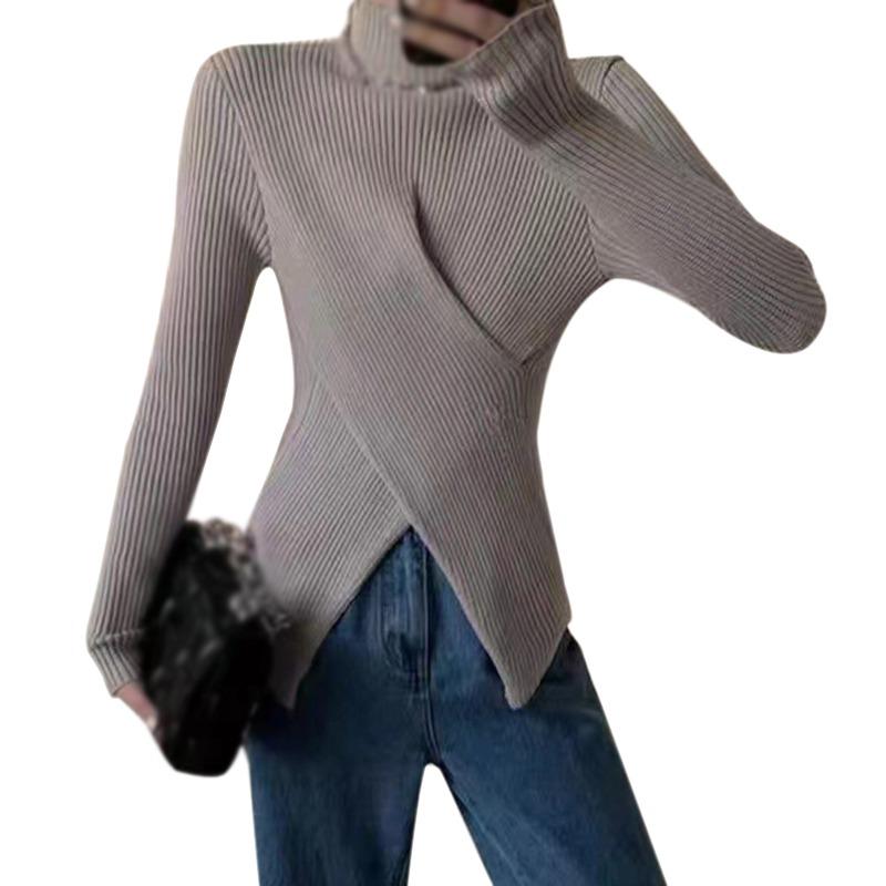 

Осенний вязаный свитер с полуводолазкой, топ для женщин, утягивающий пуловер с нишевым подолом и разрезом, топы
