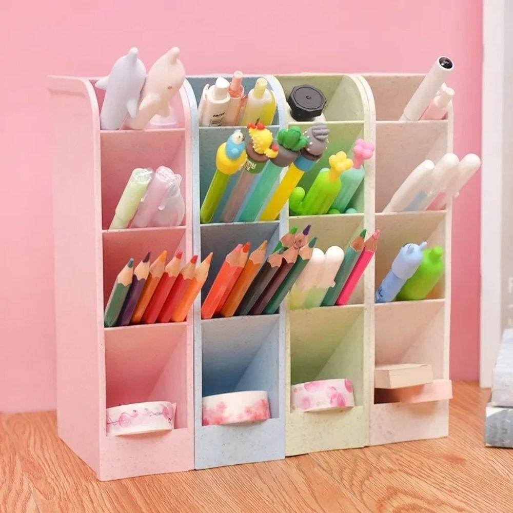 4 Grids Oblique Pen Holder Large Capacity Pencil Makeup Brush Storage Holder Desk Stationery Organizer Office School Supplies