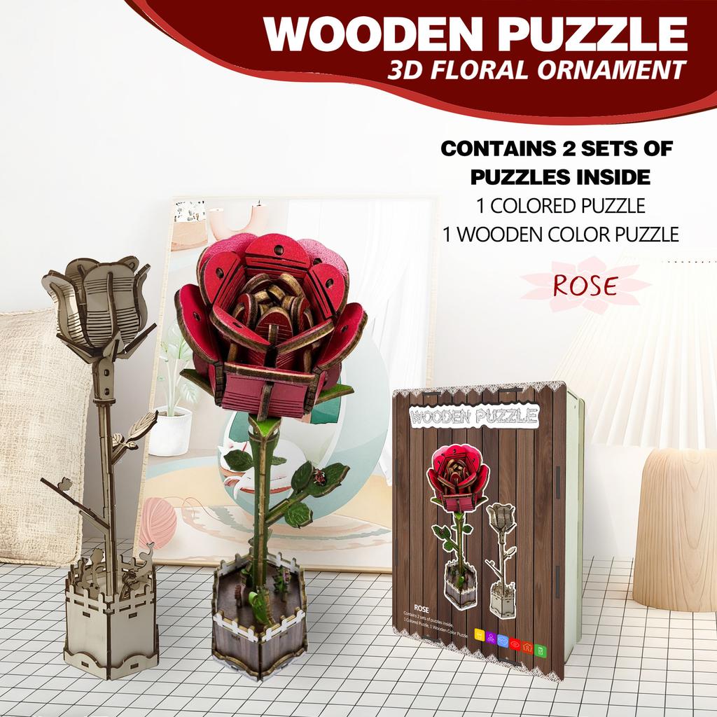 Wacocetoy Cross-Border Red Rose Puzzle 3D Wooden Diy Coloring Toy 2-In-1 Set Ornament Puzzle
