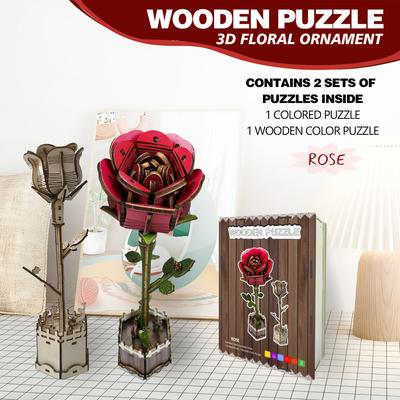 Wacocetoy Cross-Border Red Rose Puzzle 3D Wooden Diy Coloring Toy 2-In-1 Set Ornament Puzzle