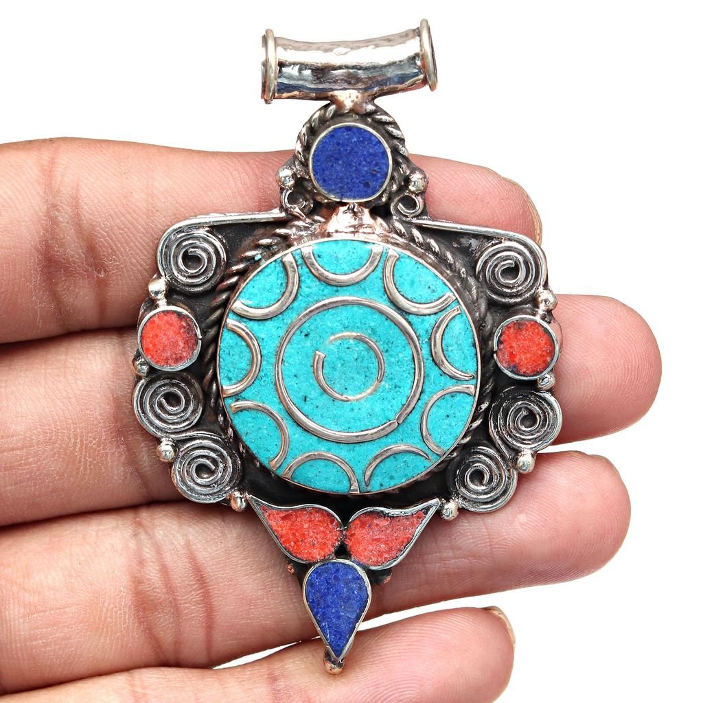 Handmade Tibetan Silver Gemstone Turquoise Red Coral Nepali Necklace Jewelry