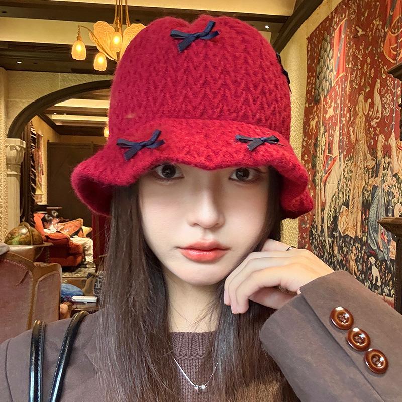 Sweet and Cute Bow Knitted Fisherman Hat Autumn and Winter Casual Versatile Thickened Warm Hat Windproof Face Small Basin Hat