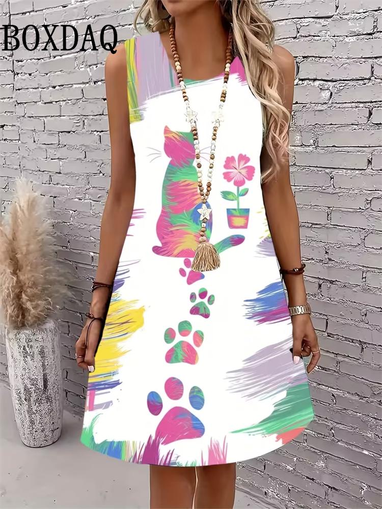 2026 Women's Dress Summer Fashion Abstract Cat Pattern Sleeveless Dress Loose Sundress Casual Graffiti 3D Print Plus Size Dress