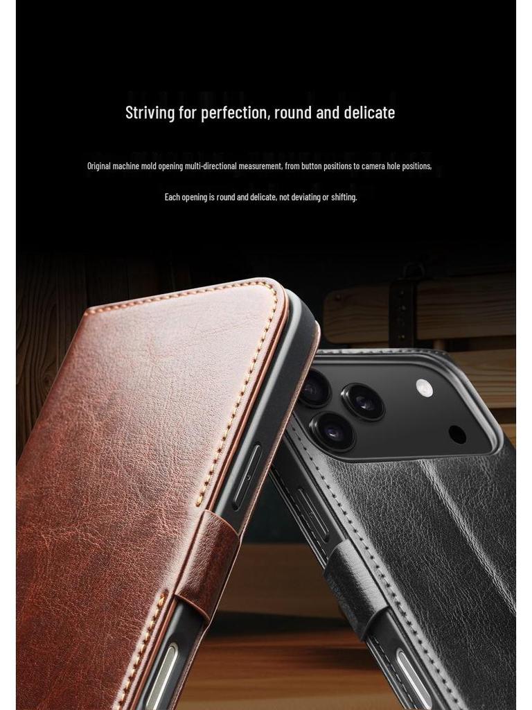 Chali Shi Genuine Leather iPhone 17 Pro Max Flip Case with Magnetic Buckle, Air Stand, and Card Slot