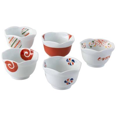 Nishikai Pottery Hasami Ware Small Bowl Plate 9cm 5 Piece Set Hexagonal Made In Japan 20626 Red Nishiki-e