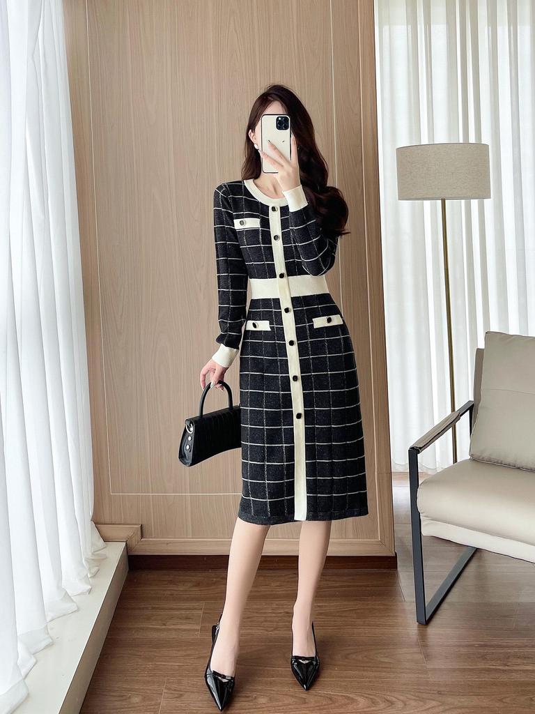 Sukienka wełniana zimowa o średniej długości: Francuski dzianinowy sweter w stylu Hepburn do warstwowania