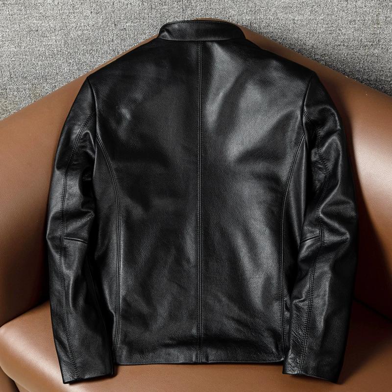 New Autumn Winter Genuine Leather Jacket Men Slim Fit Stand Collar Short Casual Simple Coat