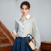 Women's Blue Striped Shirt with Contrast Collar, Retro Hong Kong Style, Loose Fit, Long Sleeve, 2026 Spring Design