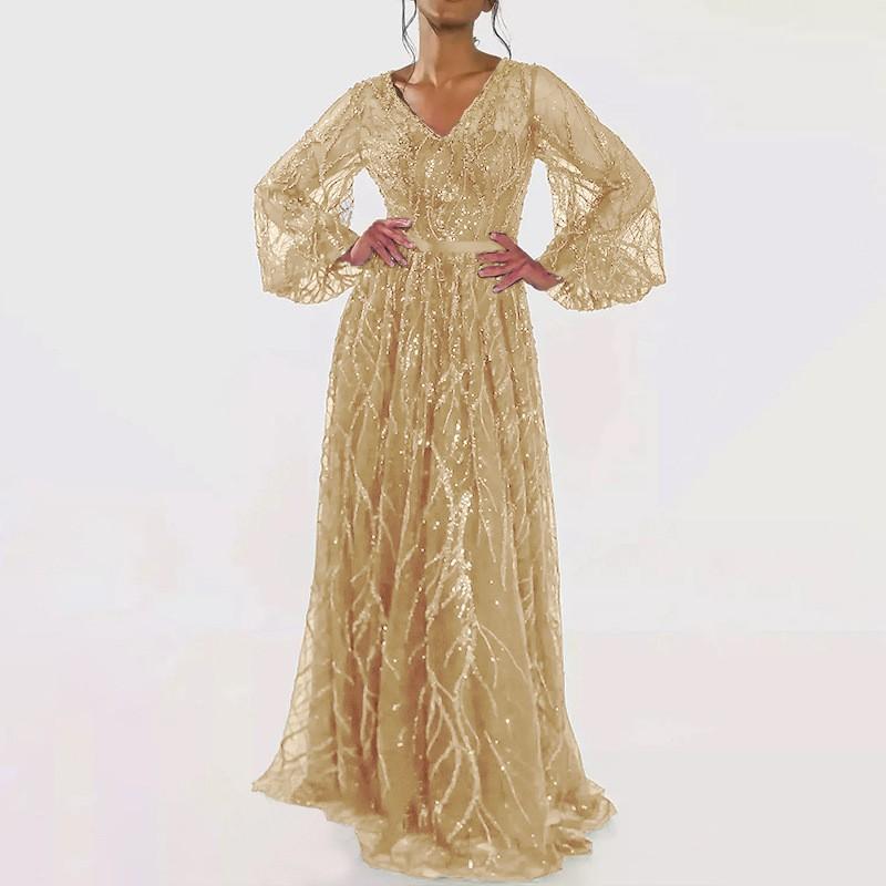 Elegant V-Neck Long Dress With Sequins
