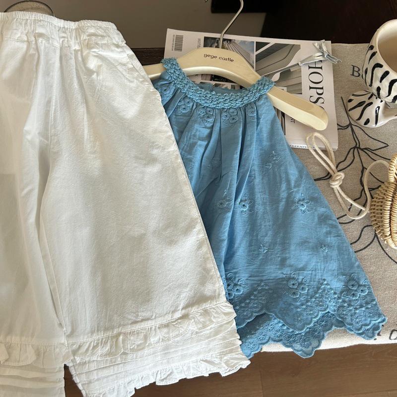Korean Style Summer 2025 Girls' Lace Halter Top & White Pants Two-Piece Set