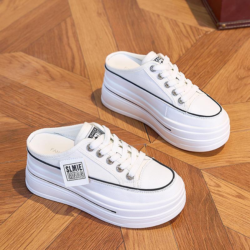 Thick-soled White Shoes for Women Summer Breathable Mesh Shoes Half Slippers All-match Sports Casual Platform Shoes