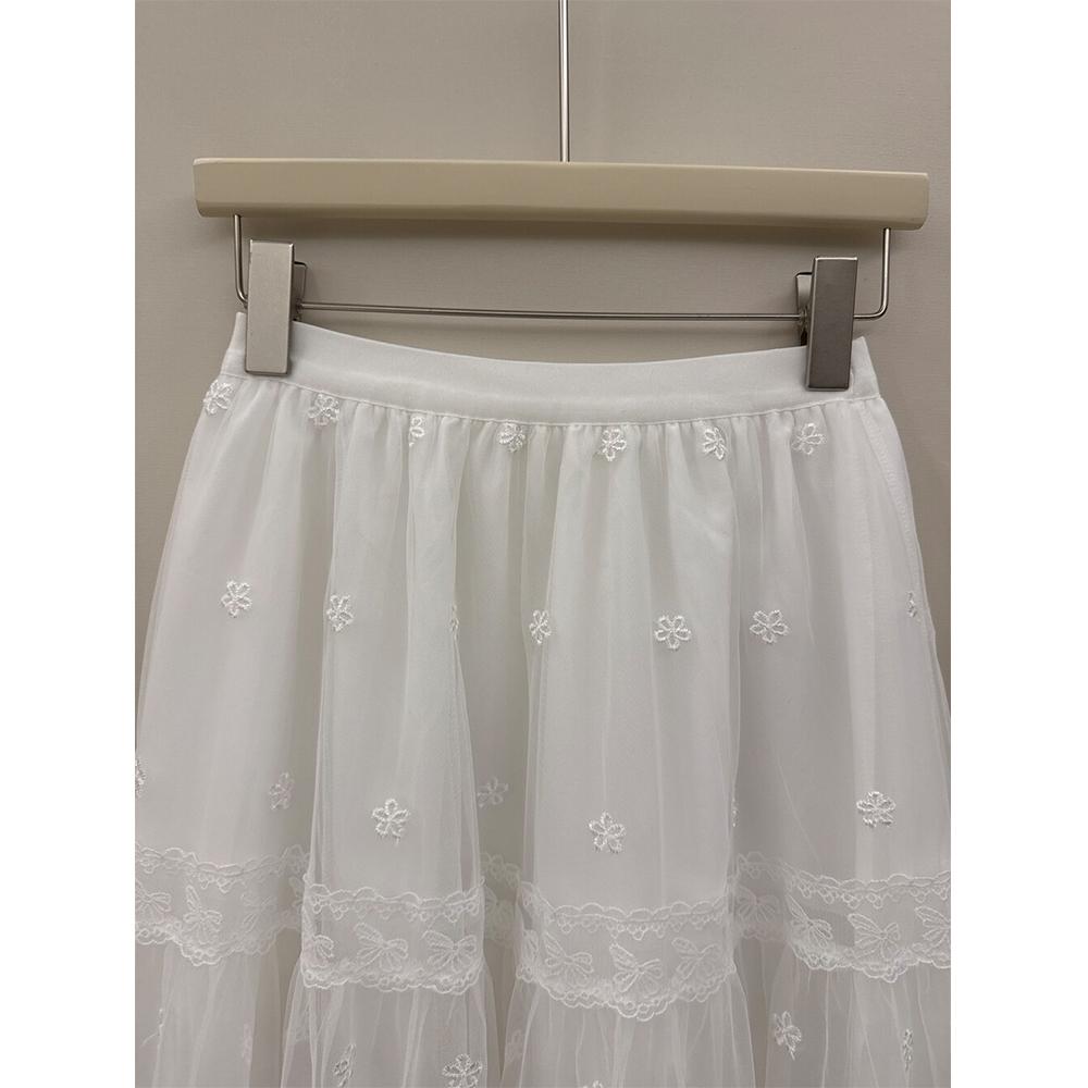 DIMANAF 2025 Summer Women New Skirts Vintage Elastic Pleated White Elegant  Skirts Lace High Waist