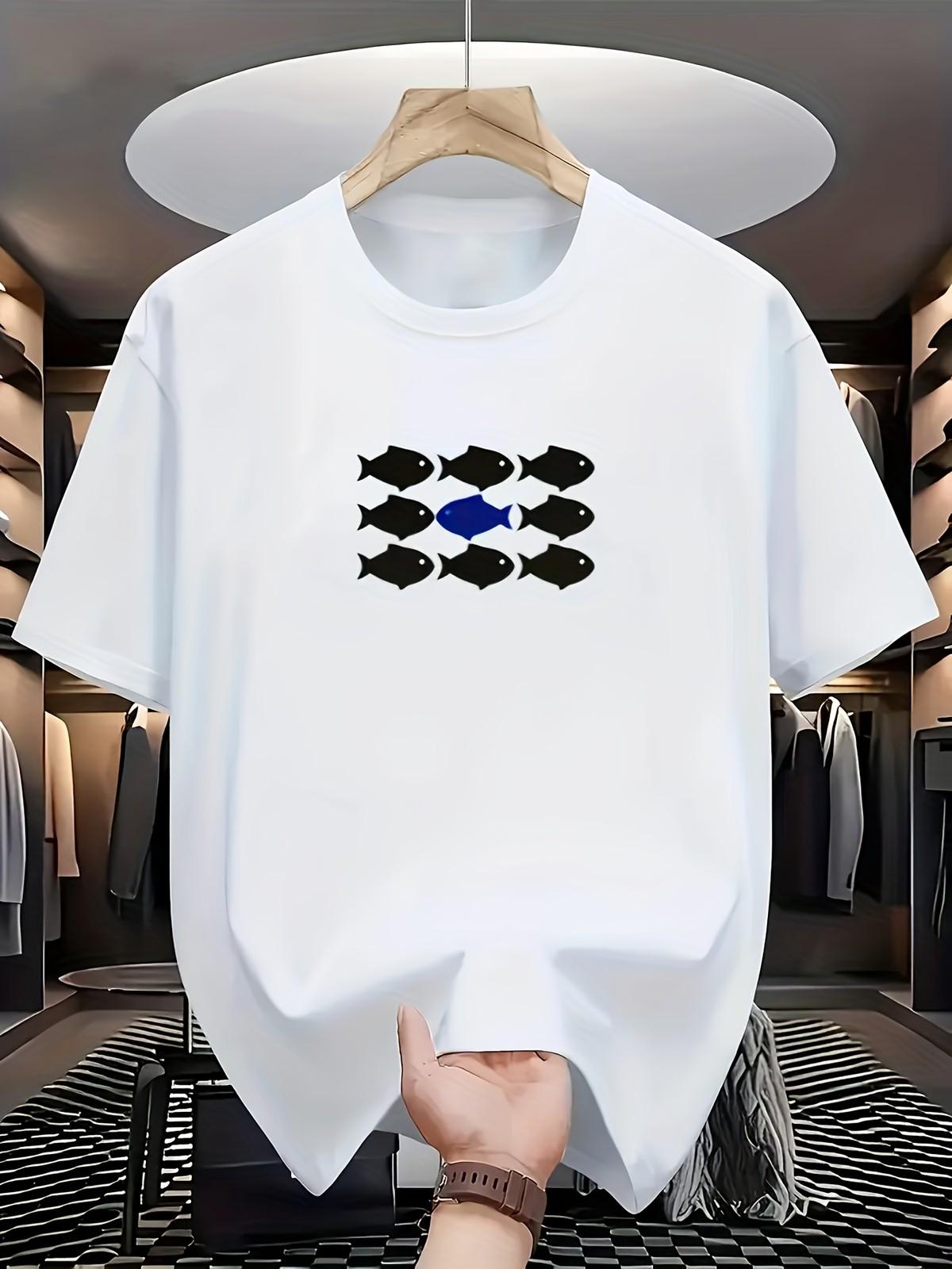 Men s Casual Round Neck T-Shirt with Fish School Pattern XXXXL
