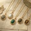 Gold Tone Oval Natural Stone Pendant Necklace, Vintage Cabochon Gemstone Chain for Women Gift
