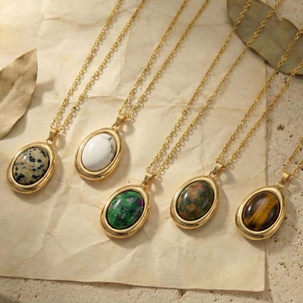 Gold Tone Oval Natural Stone Pendant Necklace, Vintage Cabochon Gemstone Chain for Women Gift