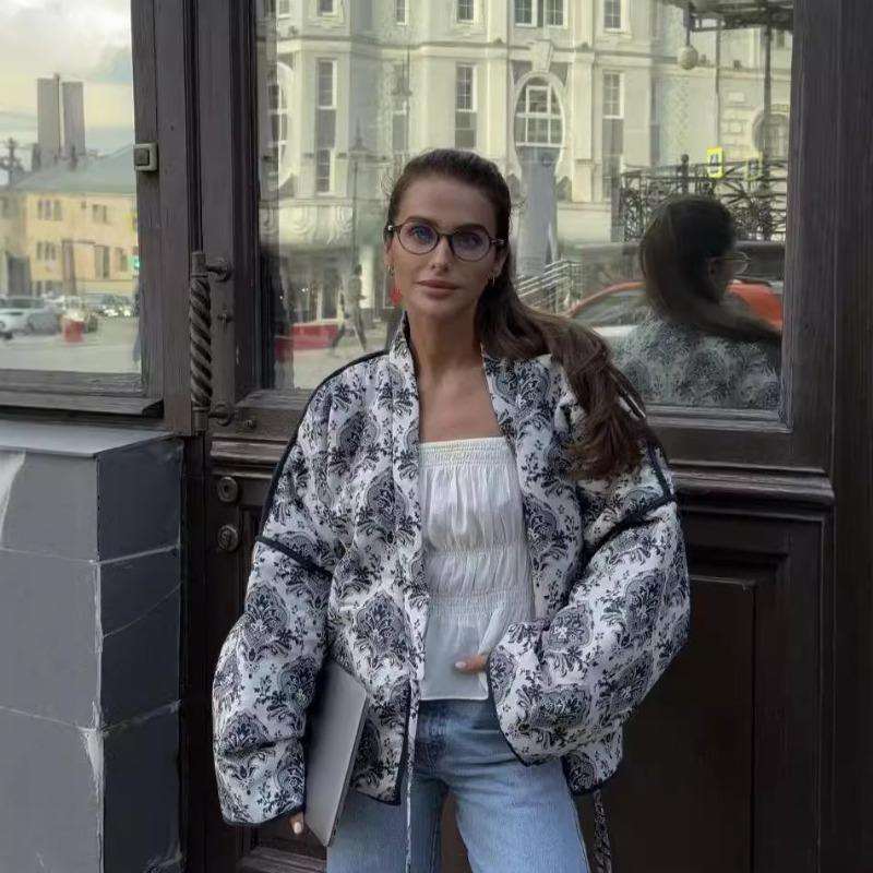Autumn and Winter New Women's Design Sense Commuter Casual All-match Long-sleeved Printed Cotton Jacket