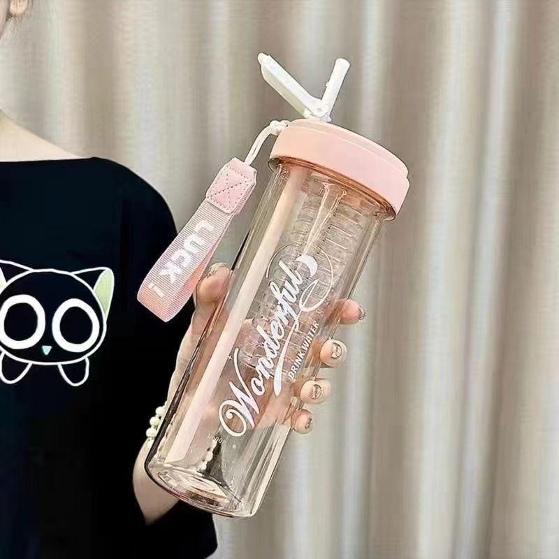 Water bottle straw cup student flower teacup water cup girls easy cup portable straw plastic cup large capacity summer cup