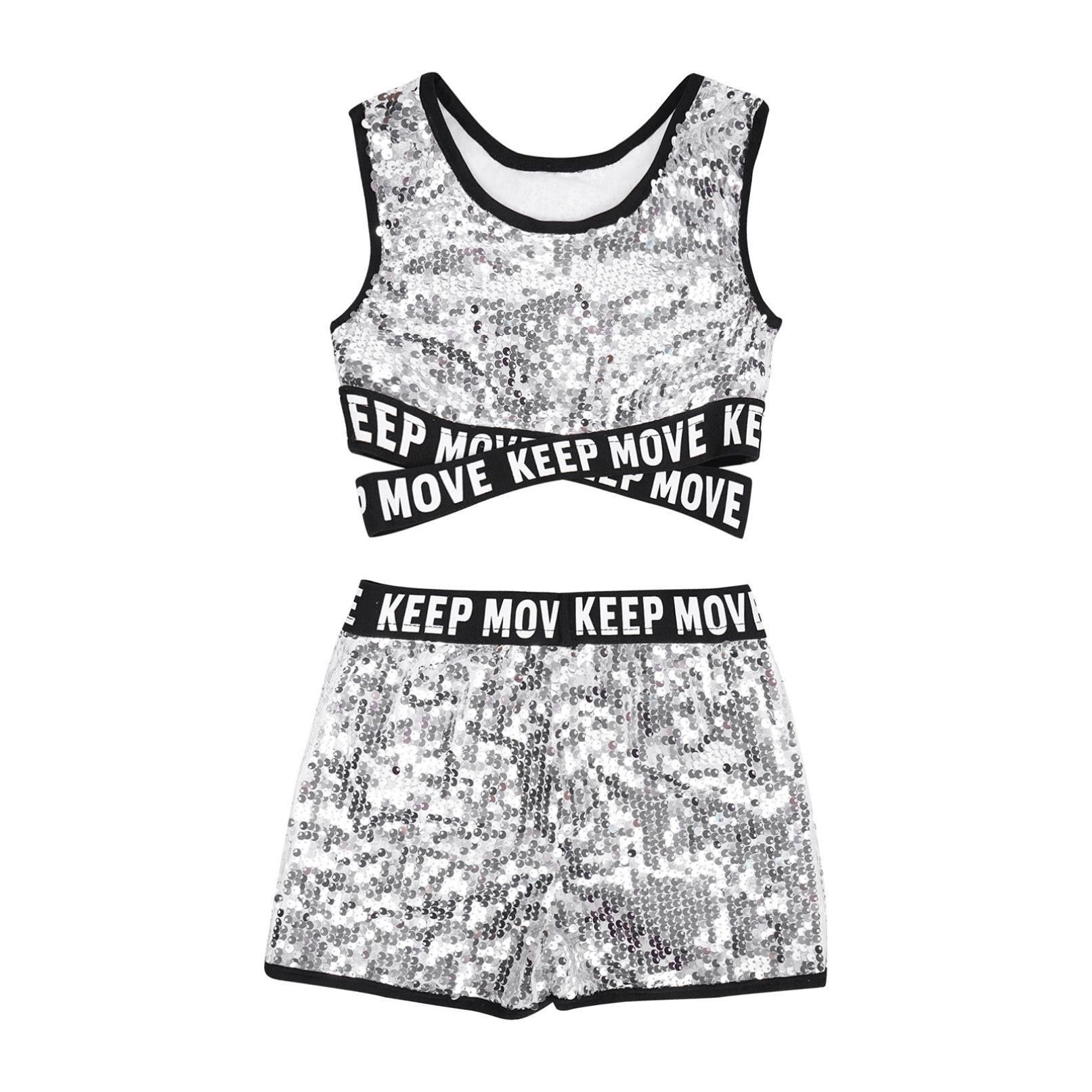 

Сучасний джазовий танцювальний костюм для дітей, дівчаток, укорочений топ із блискучими блискітками та шортами, комплекти танцювального одягу 13-14 Years срібний