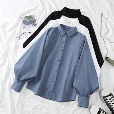 Femmes décontracté revers lanterne à manches longues Baggy chemise couleur unie simple boutonnage chemise hauts Streetwear