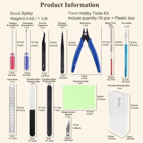 Spilay 16-Piece Hobby Building Model DIY Tool Kit, Modeler's Basic Miniature Handmade Craft Tool Set for Dollhouse Miniature Building, Ages 14+